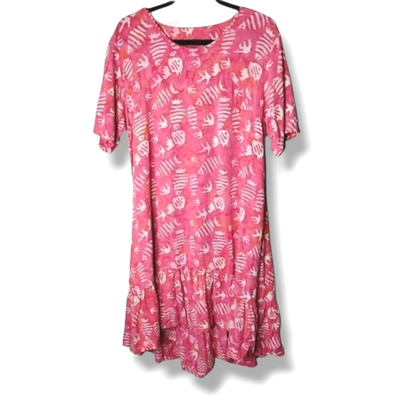 Go Fish Batik Dress L | Pink Fish Print Rayon Boho Resort Midi - Picture 1 of 7